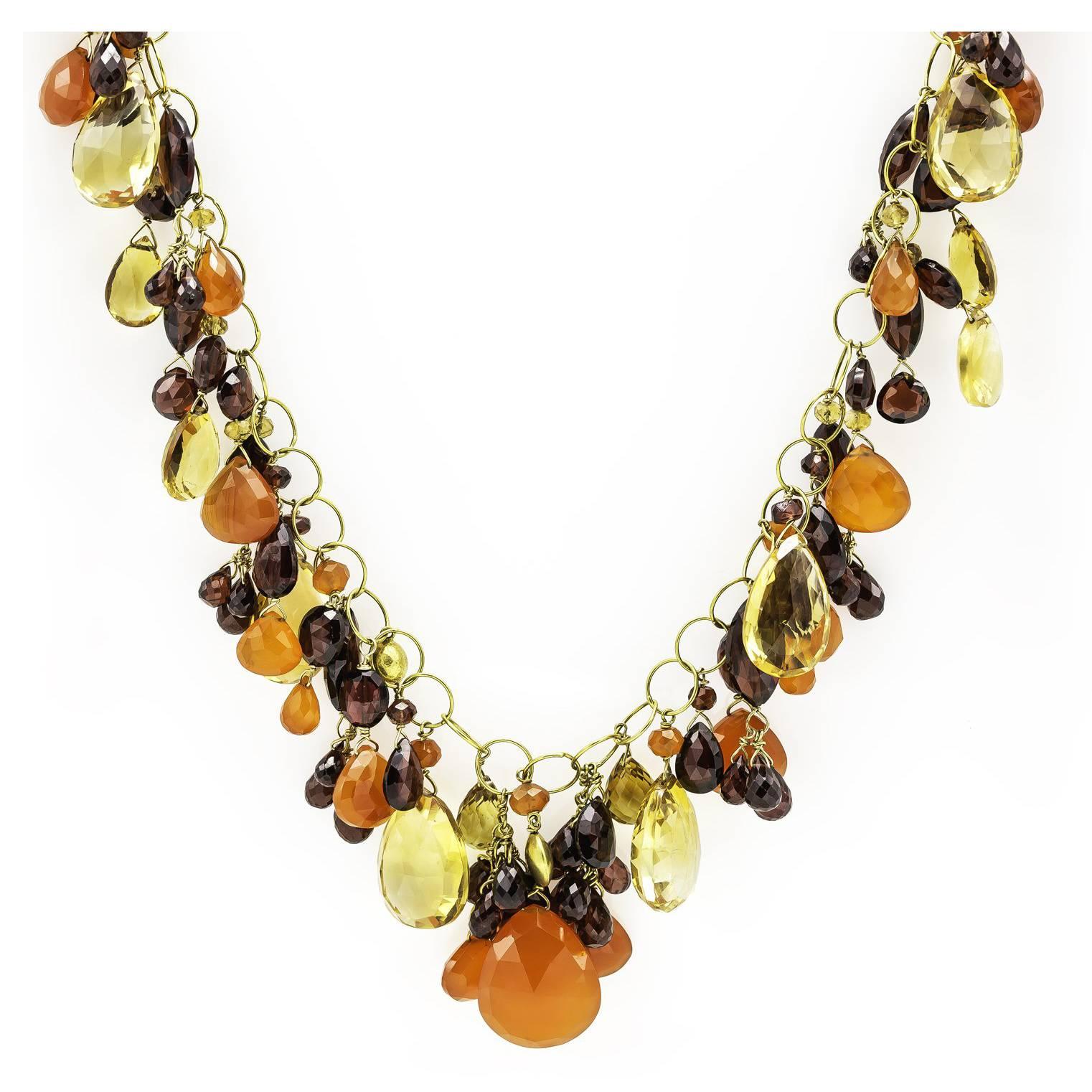 Citrine, Carnelian and Garnet Briolette Bead Necklace in Gold