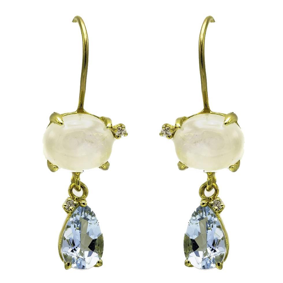 Oval Moonstone Pear Aquamarine and Diamond Dangle Drop Earrings in Gold