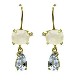 Oval Moonstone Pear Aquamarine and Diamond Dangle Drop Earrings in Gold 4