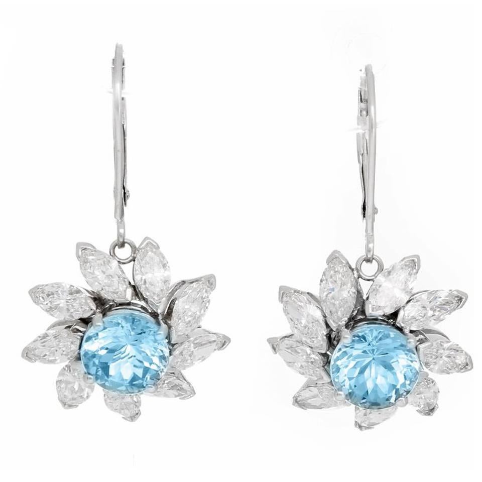 Stunning Aquamarine and Diamond Flower Dangle Earrings