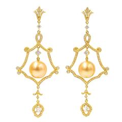 Golden South Sea Pearl Diamond Yellow Gold Chandelier Drop Earrings