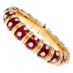 Tiffany & Co. Schlumberger Red Enamel Paillonne Diamond Gold Bangle Bracelet