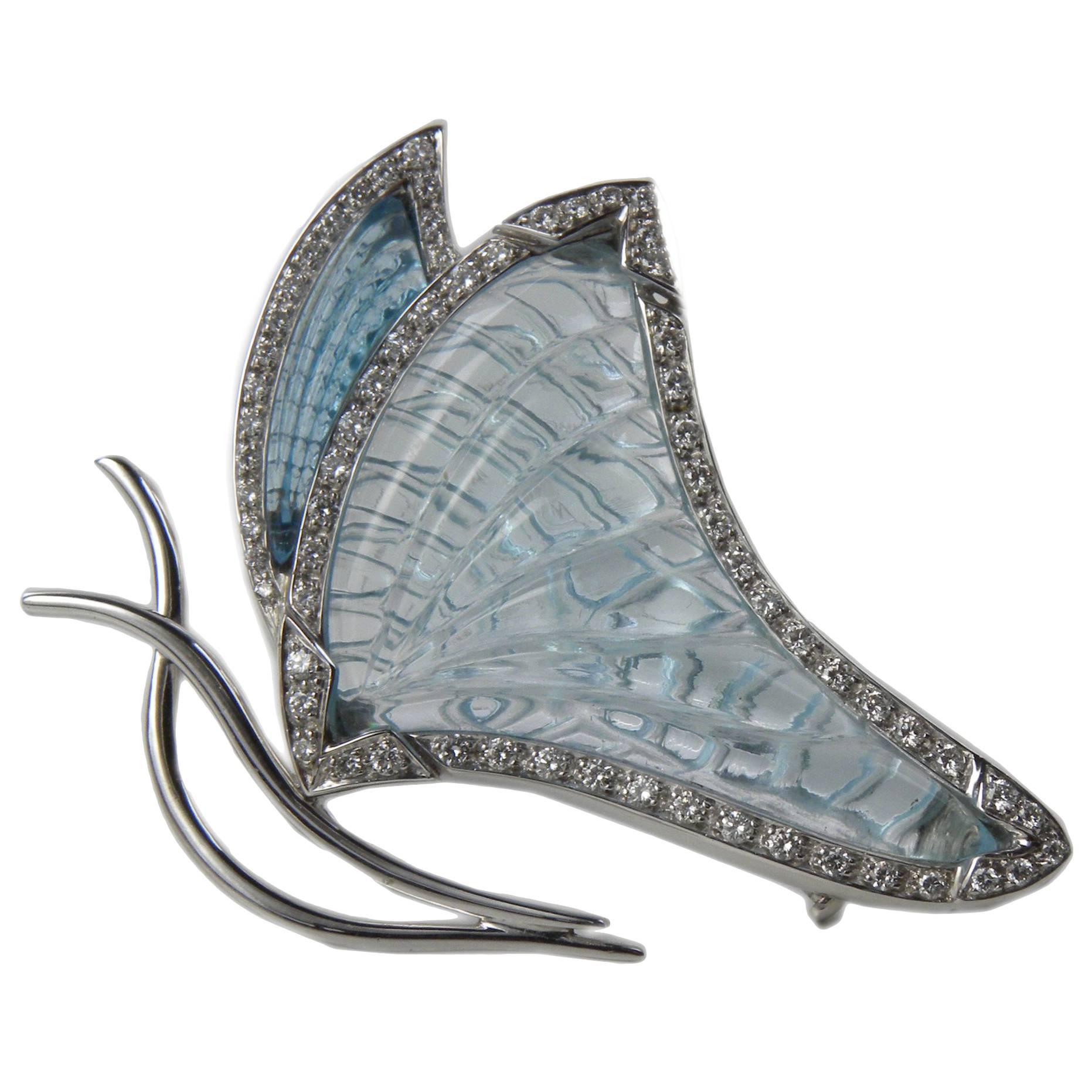 Berca 25Kt Natural Hand Inlaid Aquamarine And Topaz Diamond Butterfly  Brooch