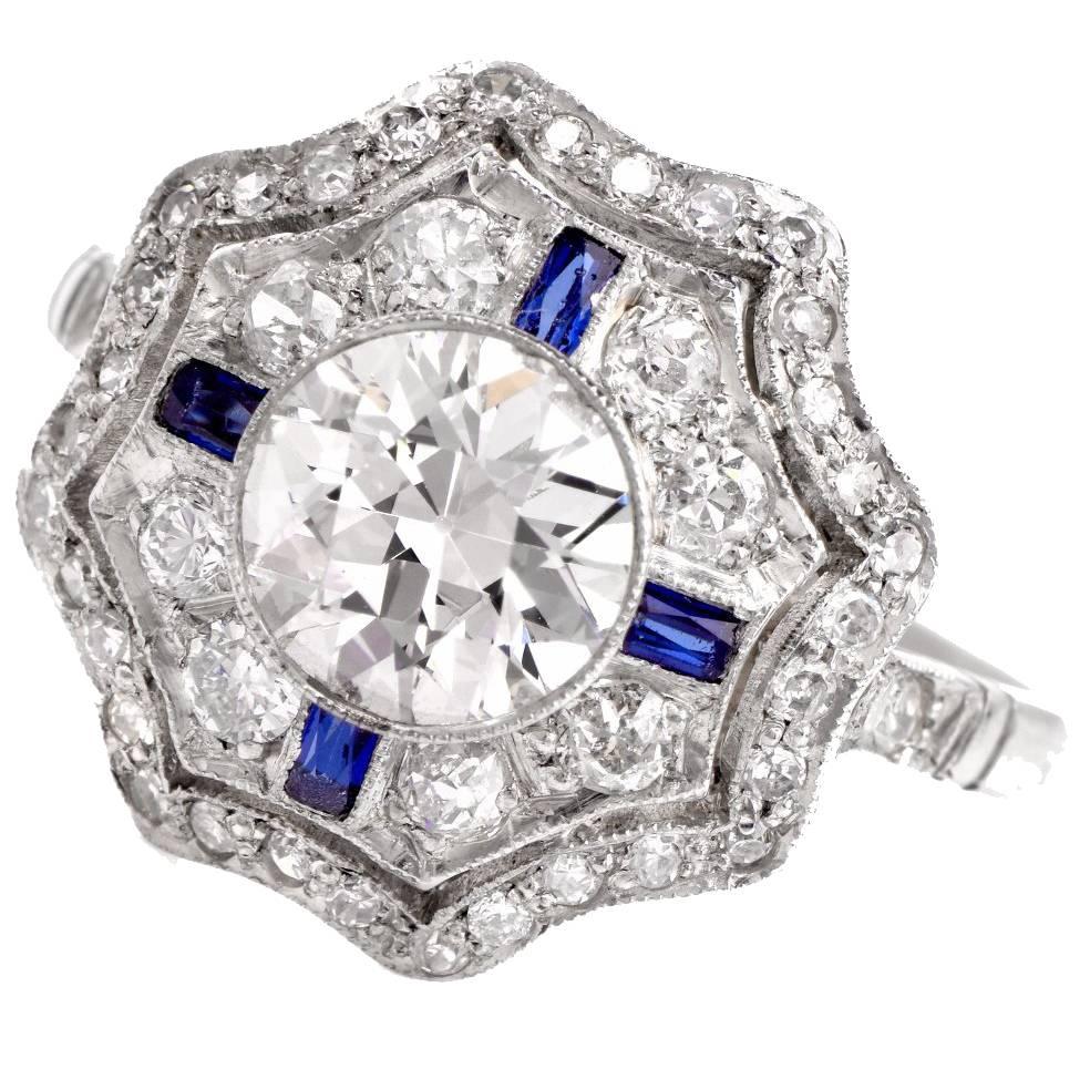 Art Deco Diamond Sapphire Platinum Engagement Ring