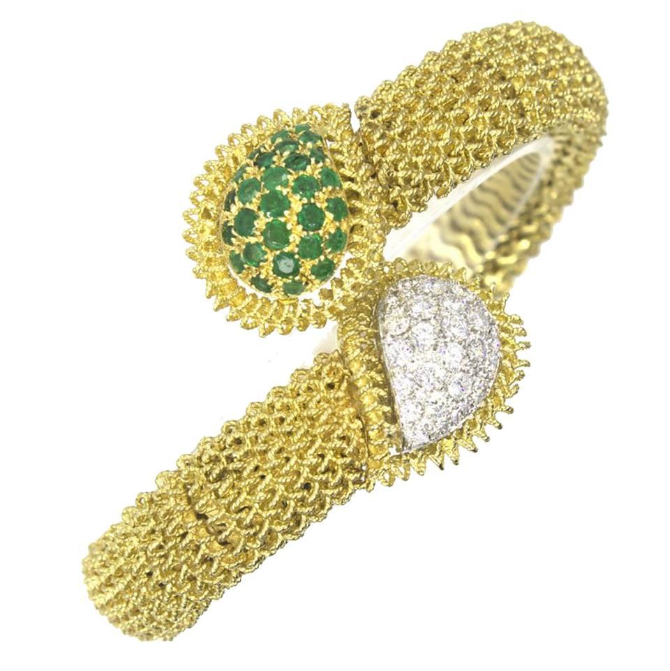 Emerald Diamond Gold Flexible Bypass Bracelet 
