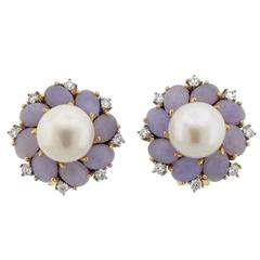 Lavender Jade Pearl Diamond Gold Earrings