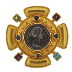 Carolyn Tyler MultiColor Gemstone Gold Coin Brooch