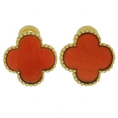 Van Cleef & Arpels Retro Alhambra Natural Coral Gold Clip-On Earrings