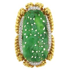 David Webb Carved Jade Diamond Gold Platinum Brooch Pendant