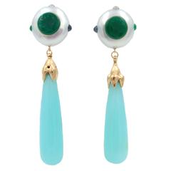 Chalcedony Pearl Emerald Moonstone Onyx Gold Earrings 5