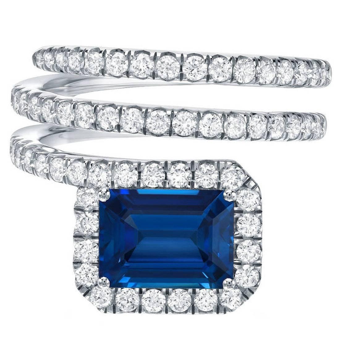 Royal Blue Emerald Cut Sapphire Diamond Gold Swirl Ring