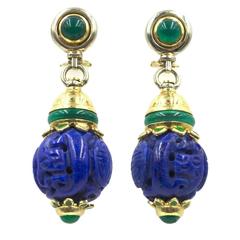 Vintage Carved Lapis Jade 18 Karat Yellow Gold Drop Earrings