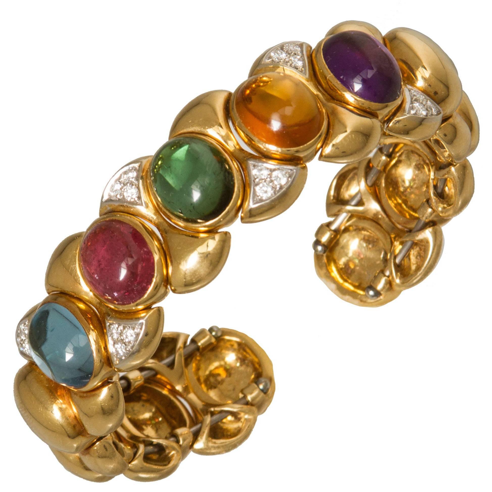 Semi-Precious Cabochon Diamond Gold  Flexible Cuff Bracelet For Sale