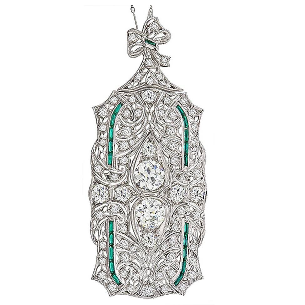 Art Deco Emerald Diamond Platinum Pin Pendant Necklace