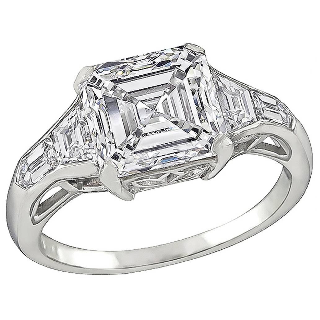 3.01 Carat GIA Asscher Cut Diamond Platinum Engagement Ring For Sale