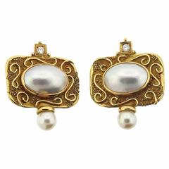 Elizabeth Gage Pearl Diamond Gold Earrings