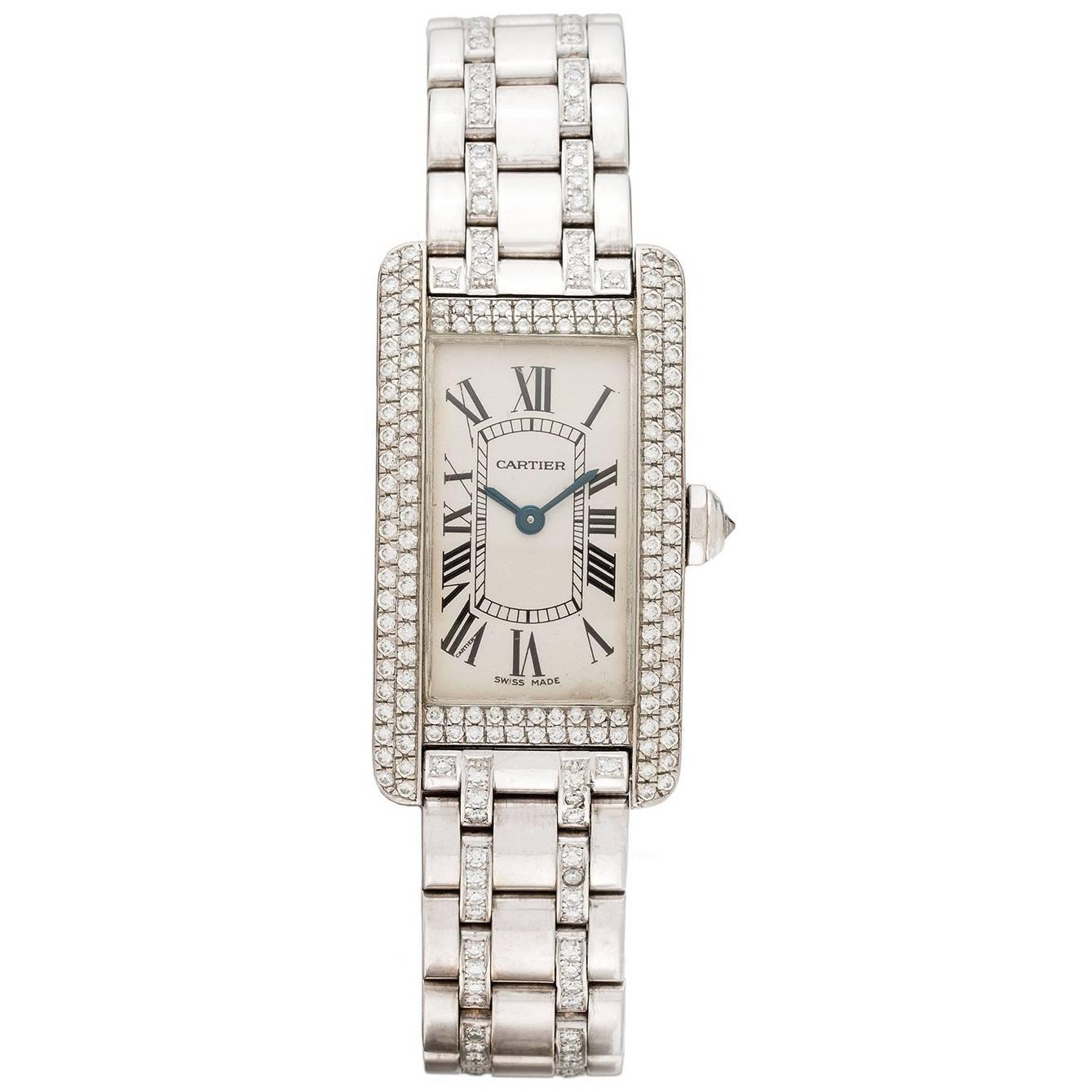 Cartier Ladies White Gold Diamond Tank Americaine Automatic Wristwatch