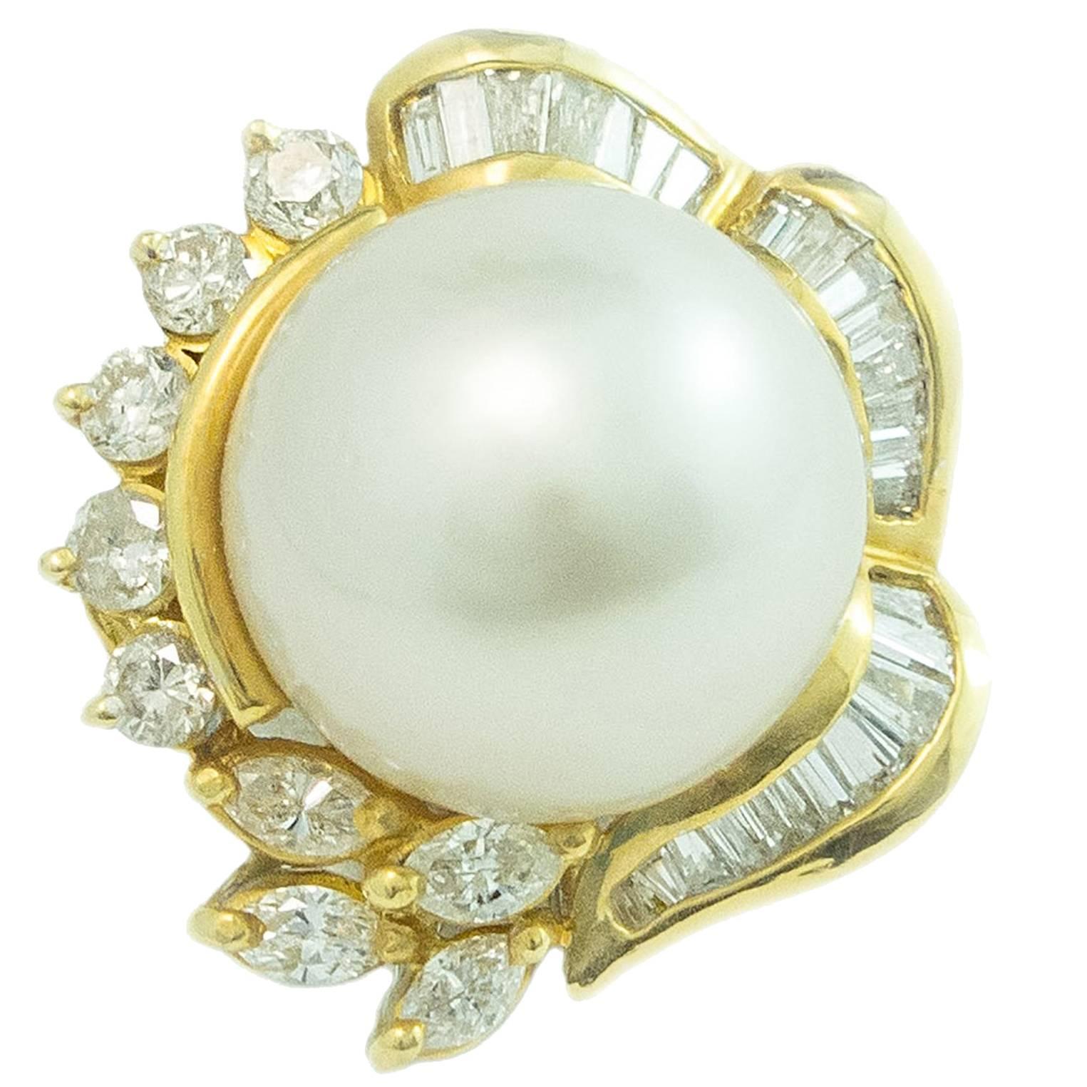 South Sea White Pearl and Diamond 18 Karat Yellow Gold Ring For Sale