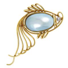 Mabe Pearl Diamond Gold Fish Brooch 5