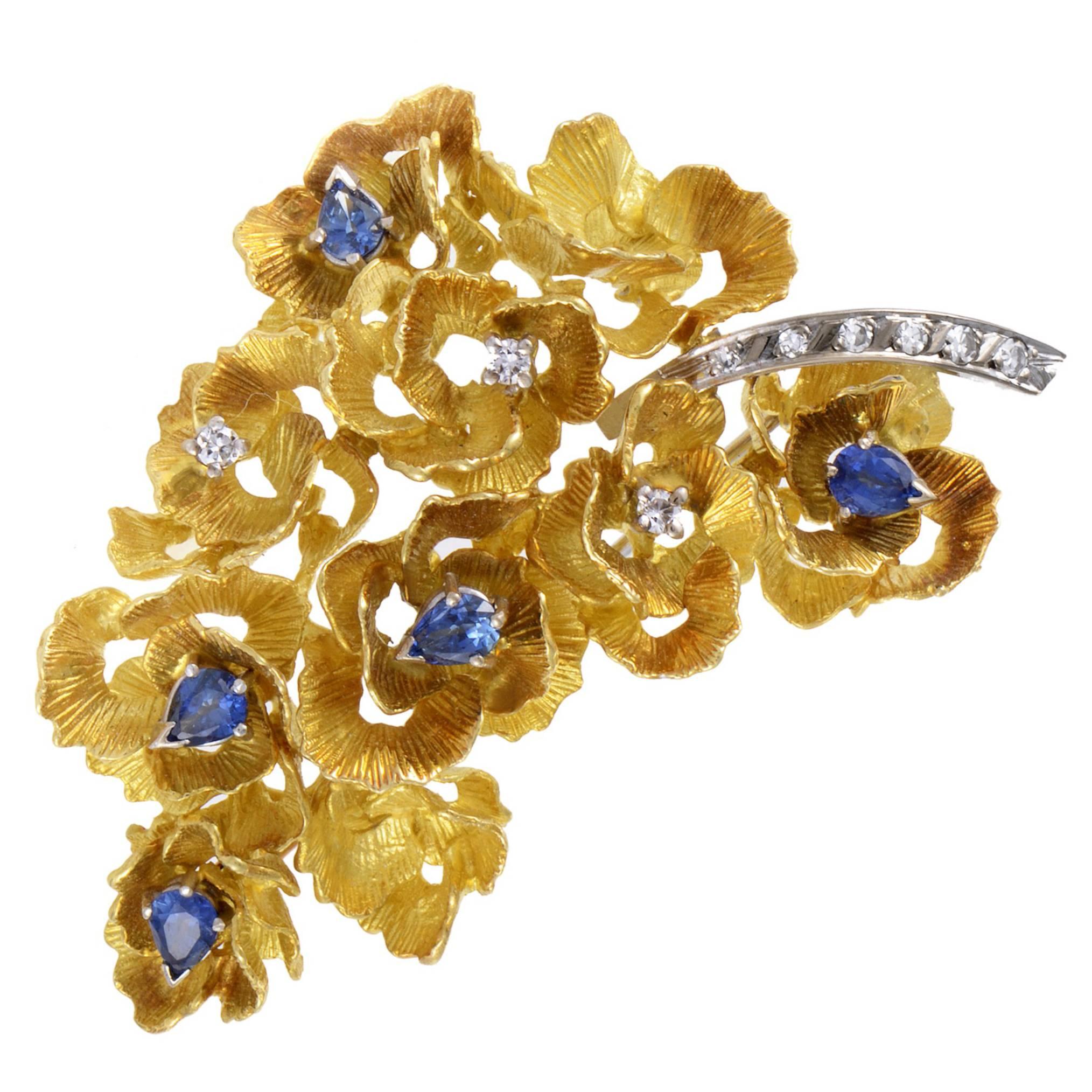 Sapphire Diamond Gold Flower Brooch