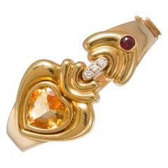 1980s Citrine Garnet Diamond Gold Cuff Bracelet