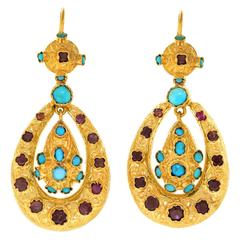 Austro-Hungarian Garnet Turquoise Gilt Silver Dangle Earrings