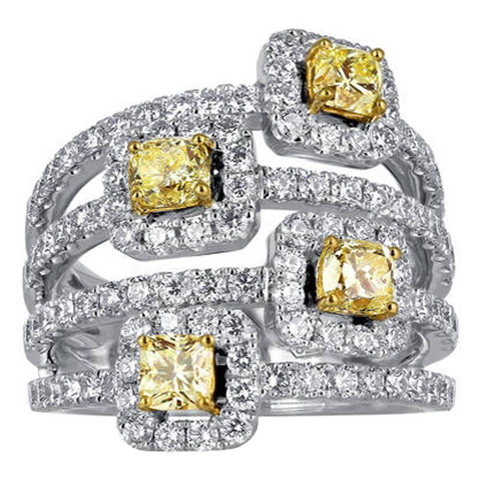 Radiant Cut Canary Wide Diamond Two Color Gold Ring For Sale