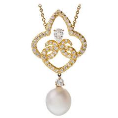 Stylized Fleur de Lis Drop Pearl Diamond Gold Pendant
