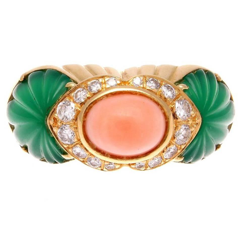 Cartier Coral Chrysophrase Diamond Gold Ring