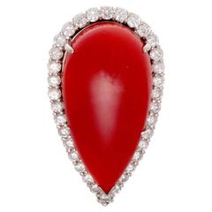 Large Ox Blood Coral Diamond Gold Ring