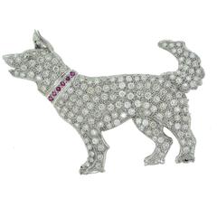 Platinum Large Diamond Dog Brooch Pin with Ruby Collar