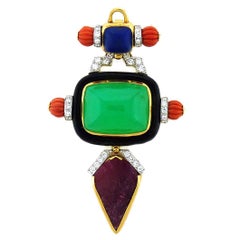 David Webb Chrysoprase Coral Lapis Lazuli Ruby Diamond Pendant Pin