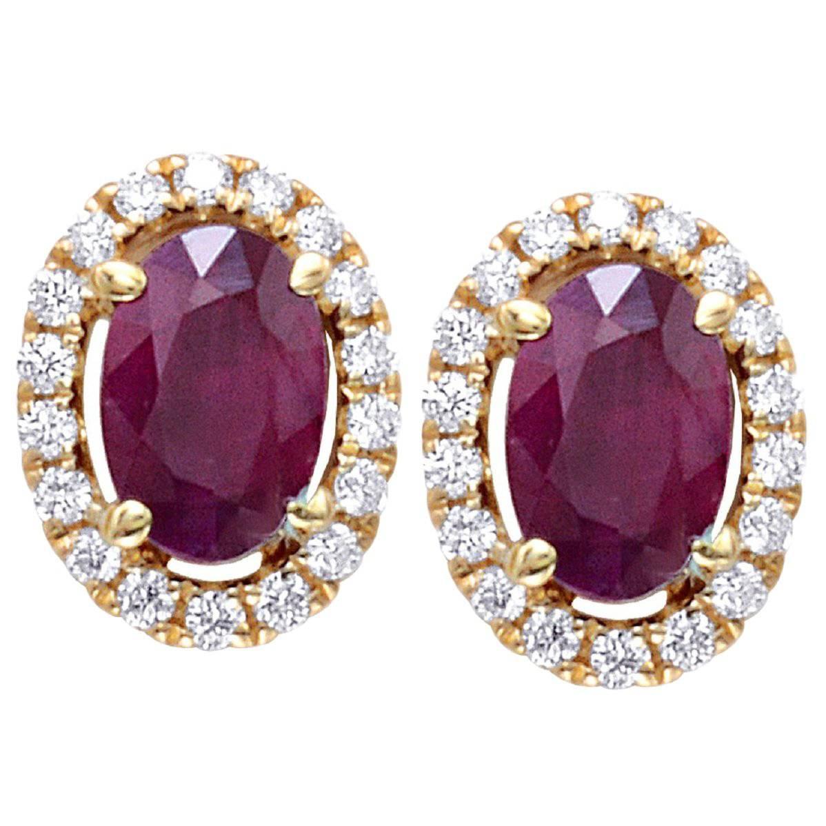 1.27 Carats Oval Ruby Halo Diamonds Gold Stud Earrings 