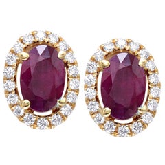 1.27 Carats Oval Ruby Halo Diamonds Gold Stud Earrings 