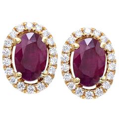 1.27 Carats Oval Ruby Round Cluster Diamonds Gold Earrings 9