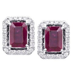 Emerald Cut Cushion Rubies with Diamond Halo Earrings 