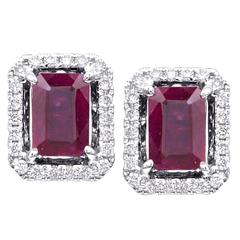 1.06ctw Emerald Cut Cushion Rubies w/ Diamond Halo Earrings 12