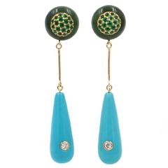 Ionescu Design Emerald Diamond Turquoise Jade Gold Earrings