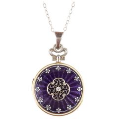 Edwardian Purple Guilloché Enamel Diamond Locket