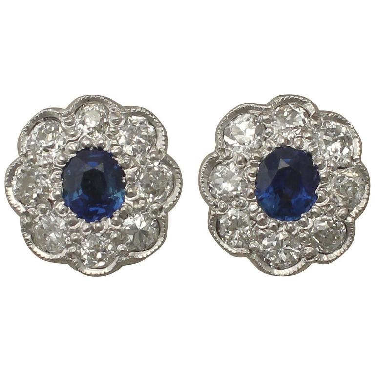 Antique 1920s 0.92Ct Sapphire and 1.02Ct Diamond, 18k White Gold Stud Earrings at 1stDibs