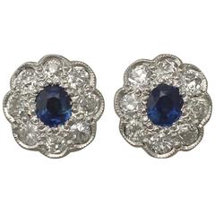 Antique 1920s 0.92Ct Sapphire and 1.02Ct Diamond, 18k White Gold Stud Earrings