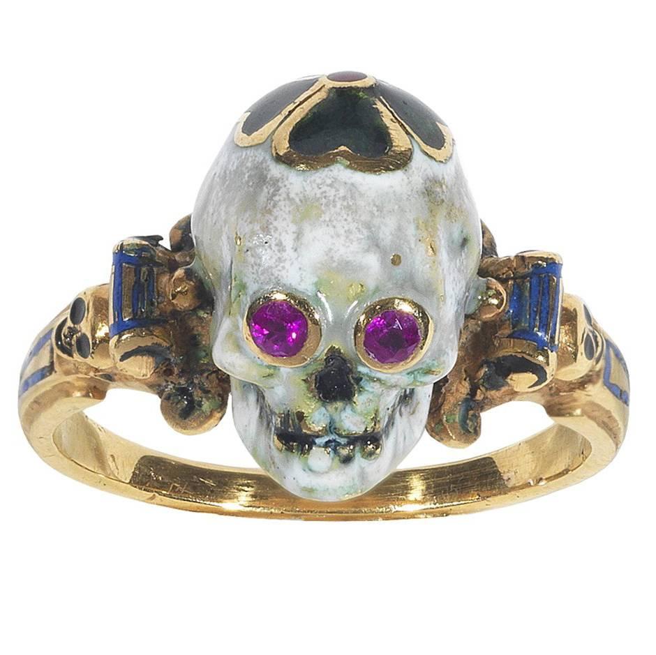 1970s Attilio Codognato Renaissance Revival Enamel Ruby Gold Skull Ring