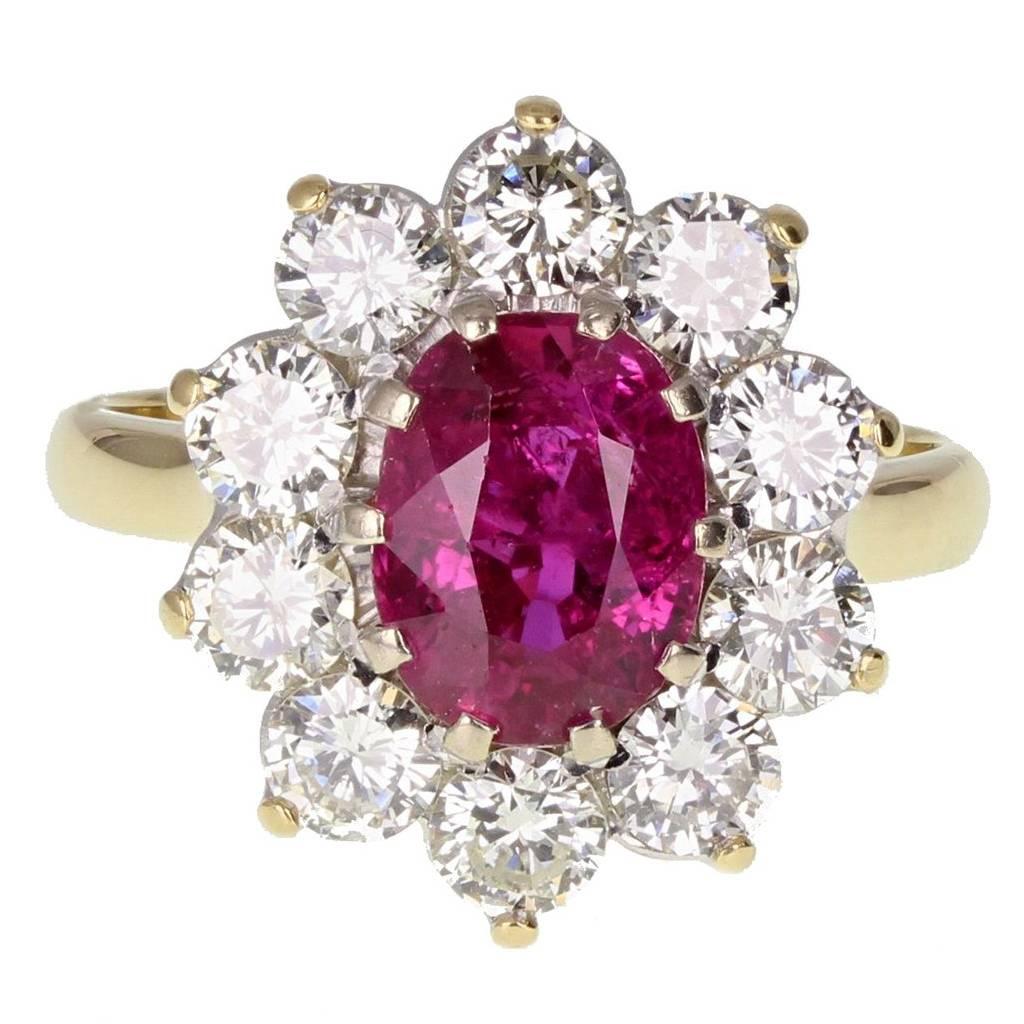 Natural Untreated Thai Ruby Diamond Cluster Gold Ring For Sale