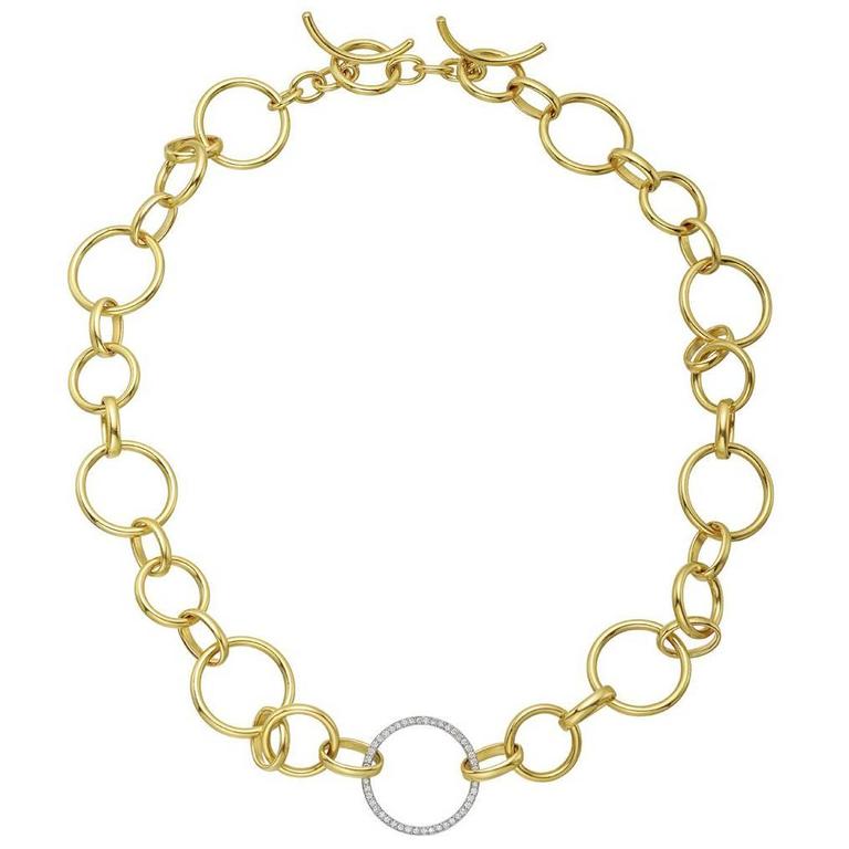Gold Round and Oval Link Necklace with Diamond Link For Sale