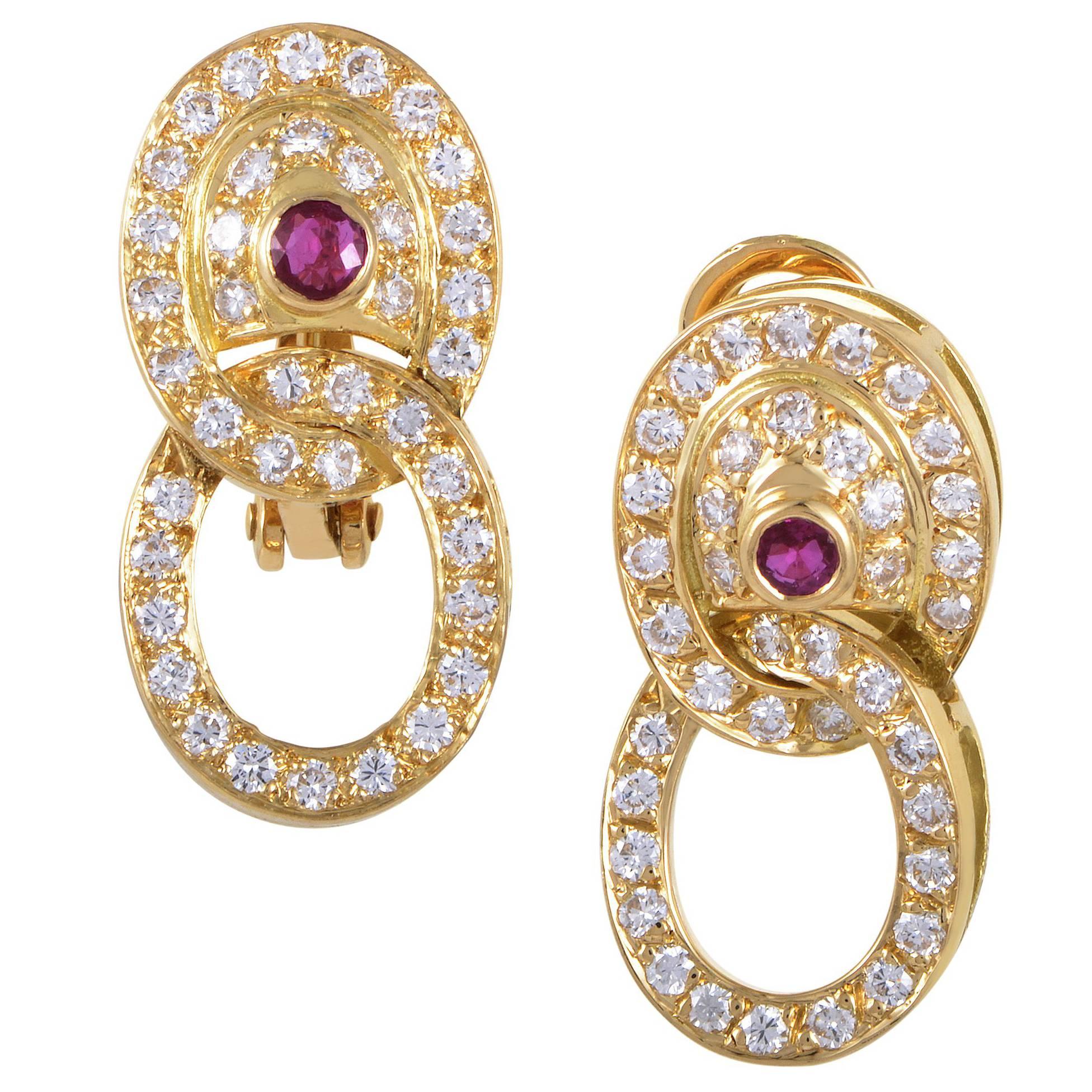 Garrard Diamond Pave Ruby Gold Oval Drop Earrings