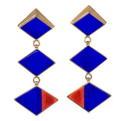 Richard Chavez Lapis Lazuli Coral Inlay Gold Dangle Earrings 2