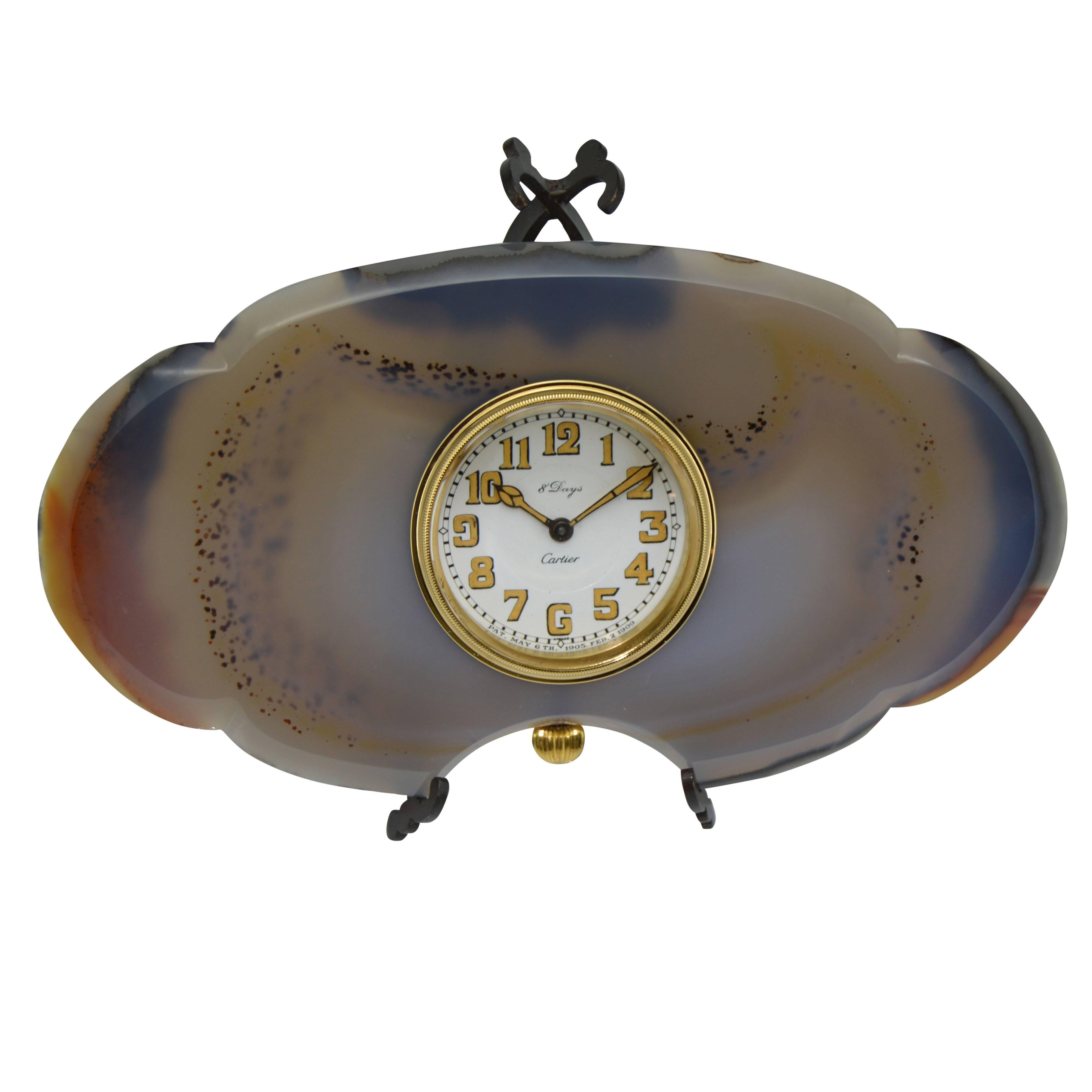 Cartier Stone and Metal Art Deco Agate Stone Desk Clock