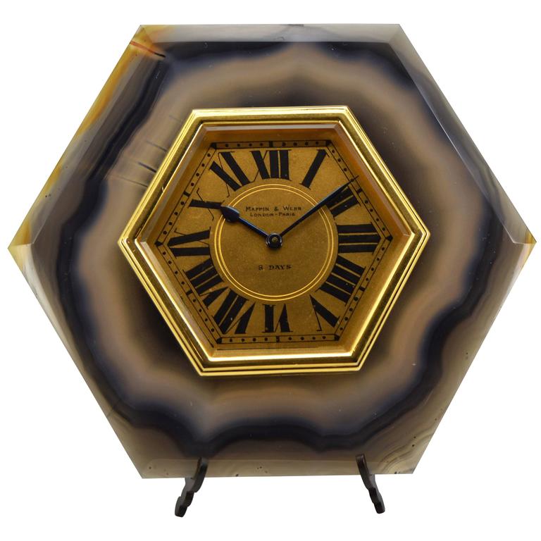 Mappin And Webb Agate Gilded Brass Art Deco Style Desk Clock For Mappin Webb Agate And Gilded Brass Art Deco Style Desk Clock For