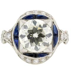 Art Deco 2.93 Carat Old European Cut Diamond And Sapphire Ring