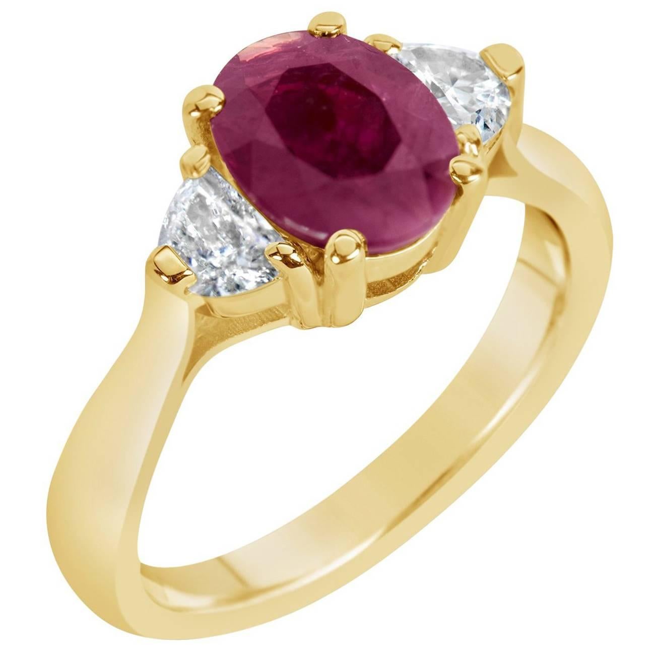 Oval Ruby with Half Moon Diamonds Three-Stone Ring